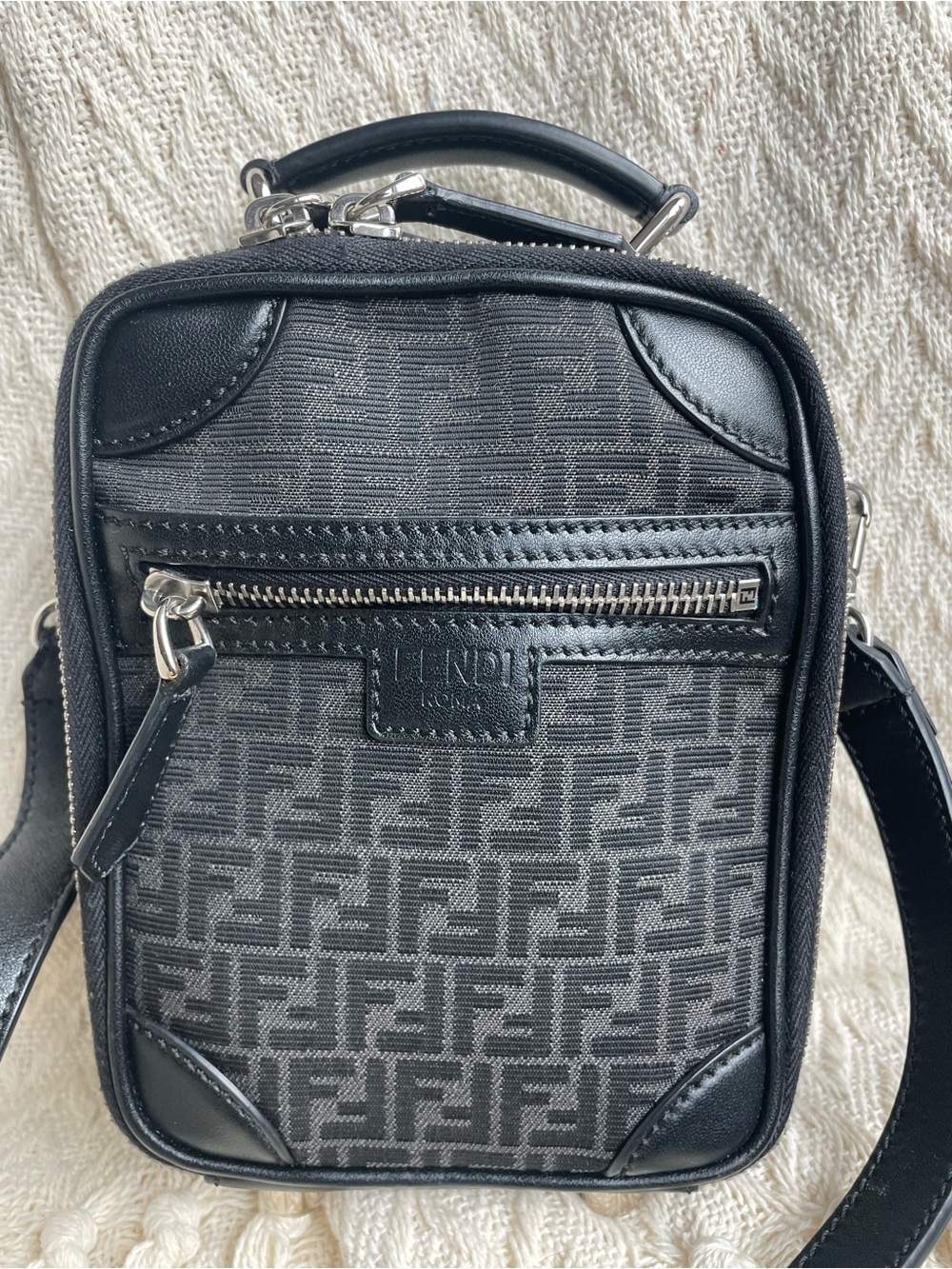 Fendi Black FF Monogram Canvas Crossbody Bag with Silver Hardware